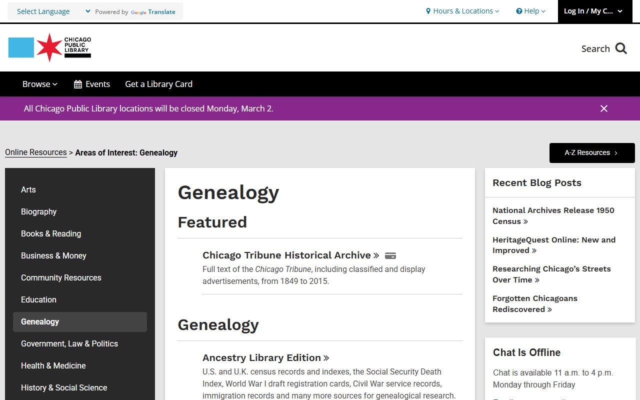 Chicago Public Library genealogy resources page