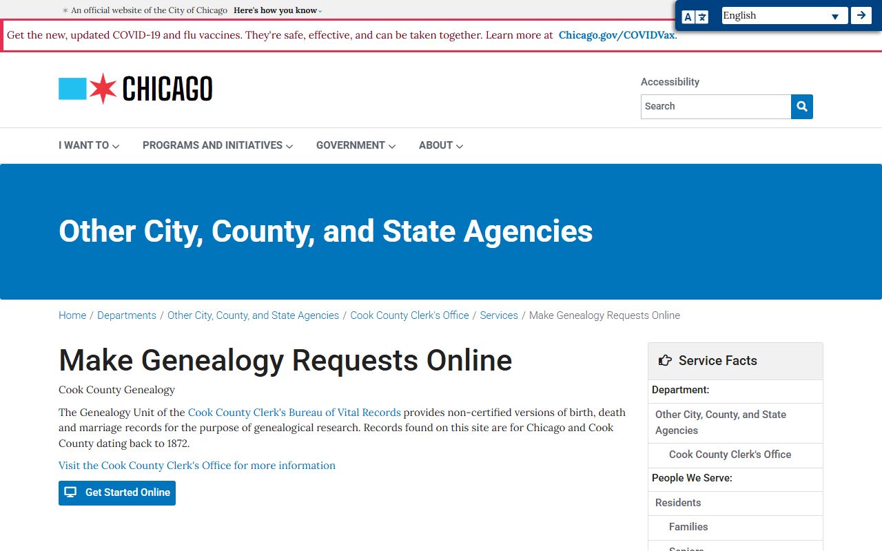 Chicago online genealogy requests page for vital records