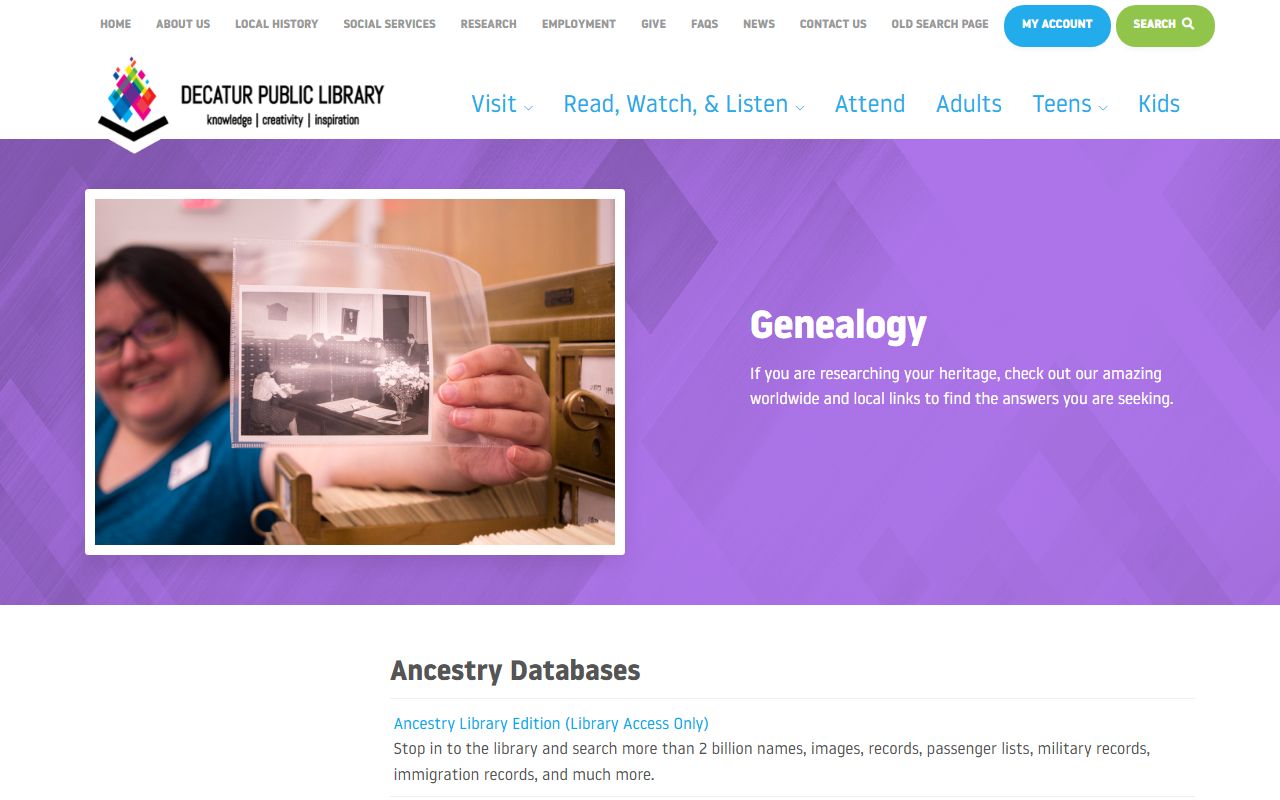 Decatur Public Library genealogy and local history collection page