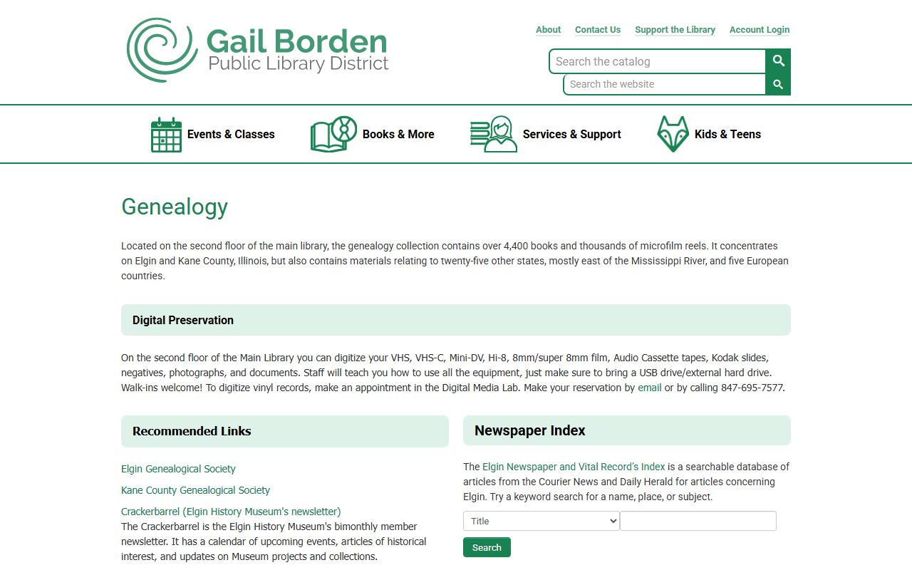 Gail Borden Public Library genealogy collection for Elgin genealogy research