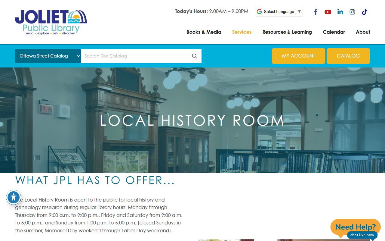 Joliet Public Library history and genealogy resources page