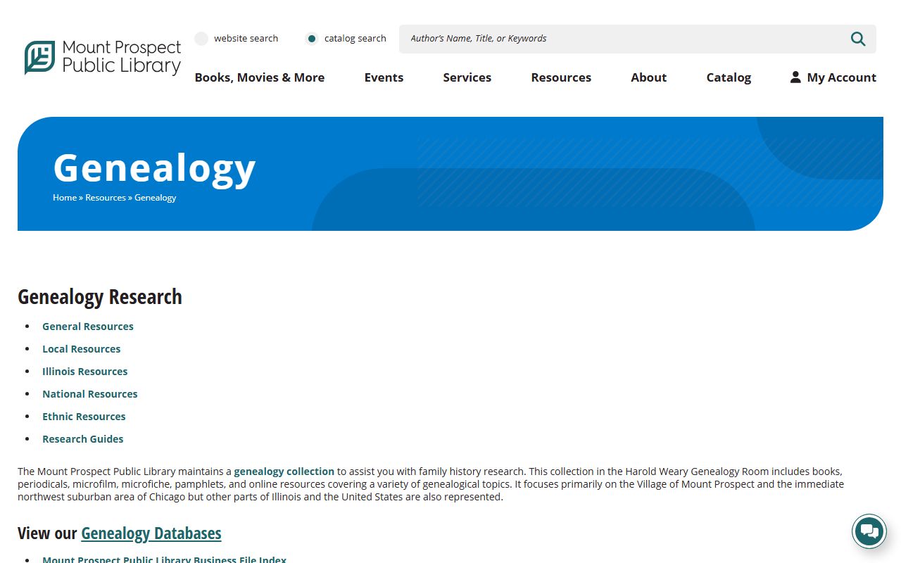 Mount Prospect Public Library Harold Weary Genealogy Room resources