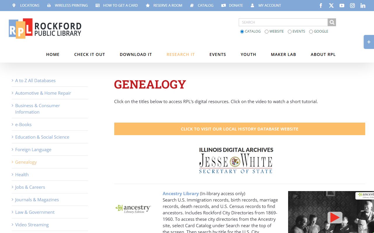 Rockford Public Library genealogy resources page for Rockford genealogy research