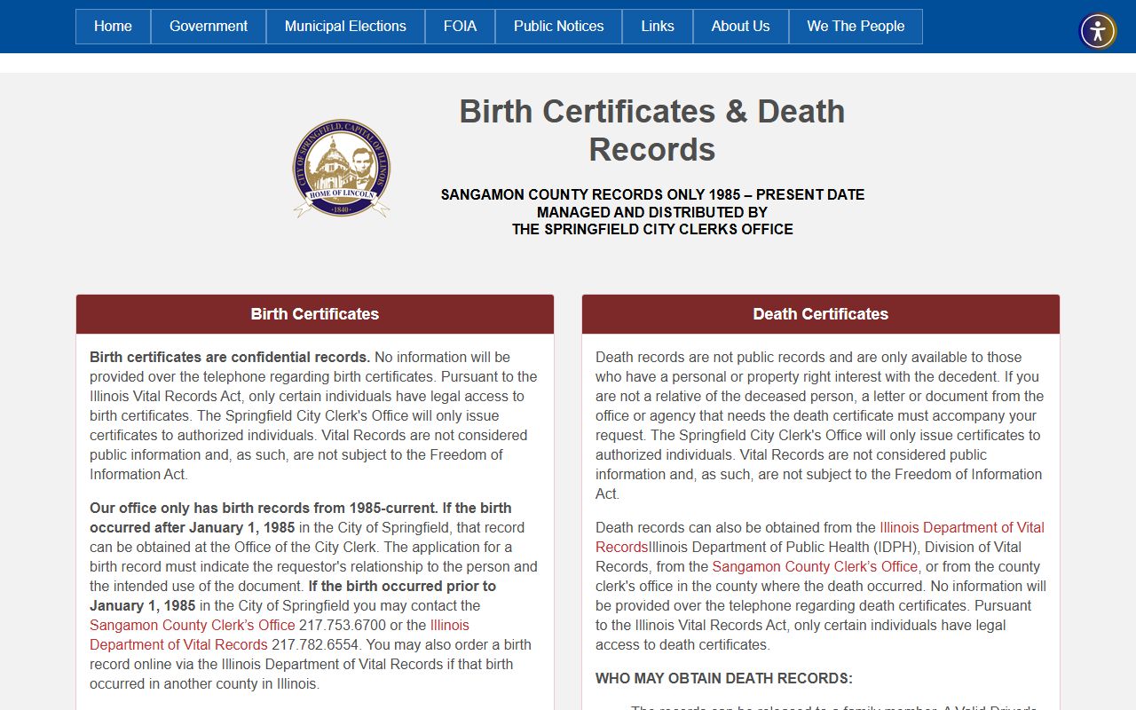 Springfield City Clerk birth and death records page for genealogy research