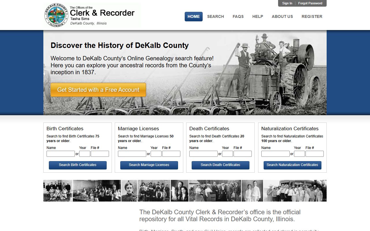 DeKalb County free genealogy database search page