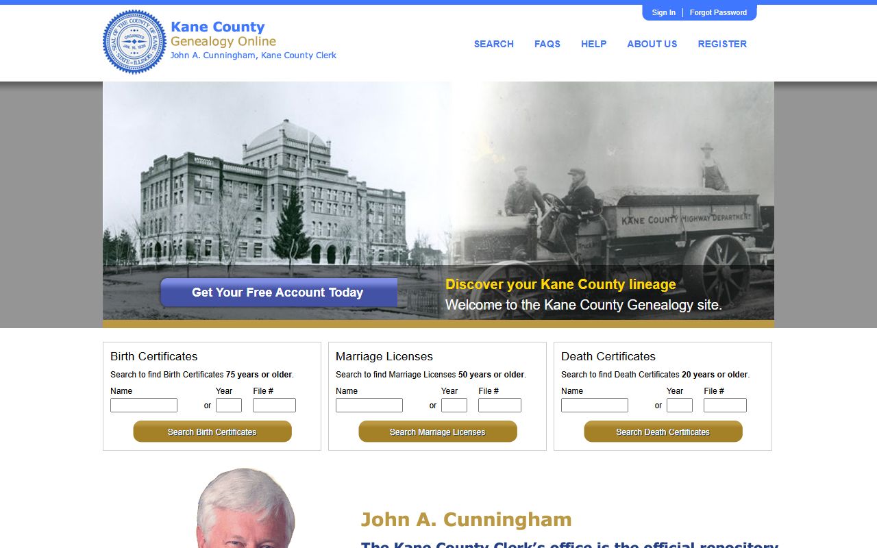 Kane County genealogy portal for searching genealogy records