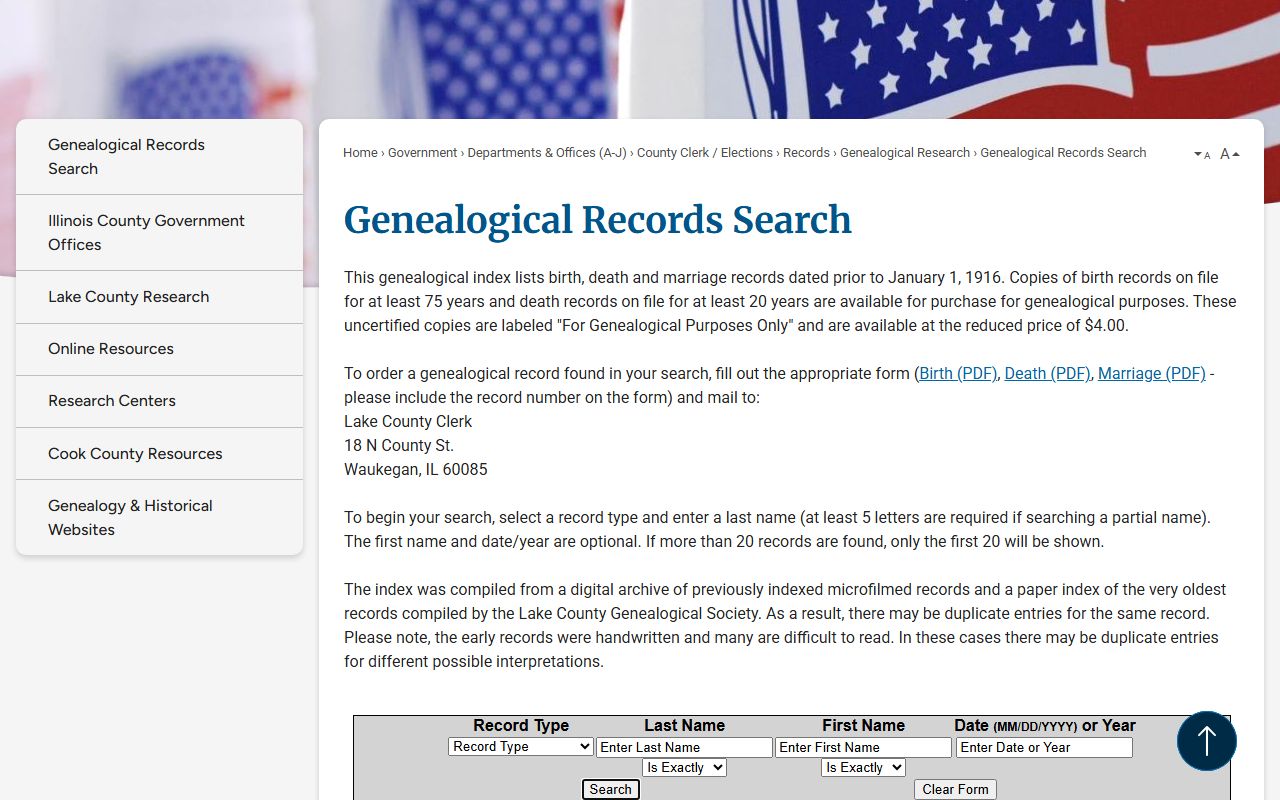 Lake County genealogy records search portal