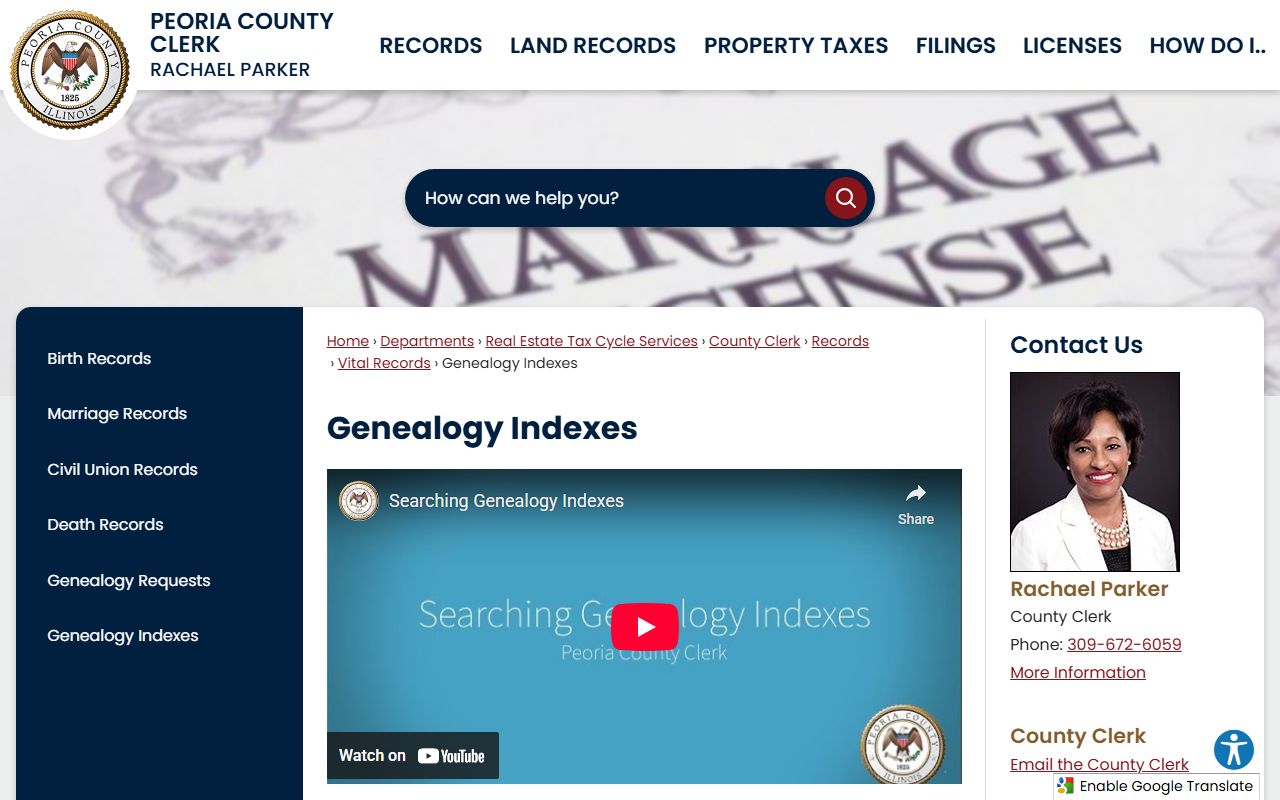Peoria County genealogy indexes page for genealogy records