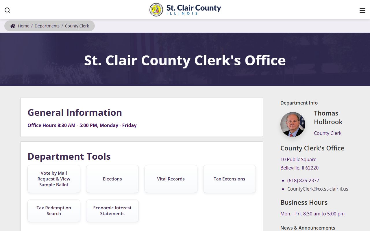St. Clair County Clerk genealogy records page in Belleville Illinois