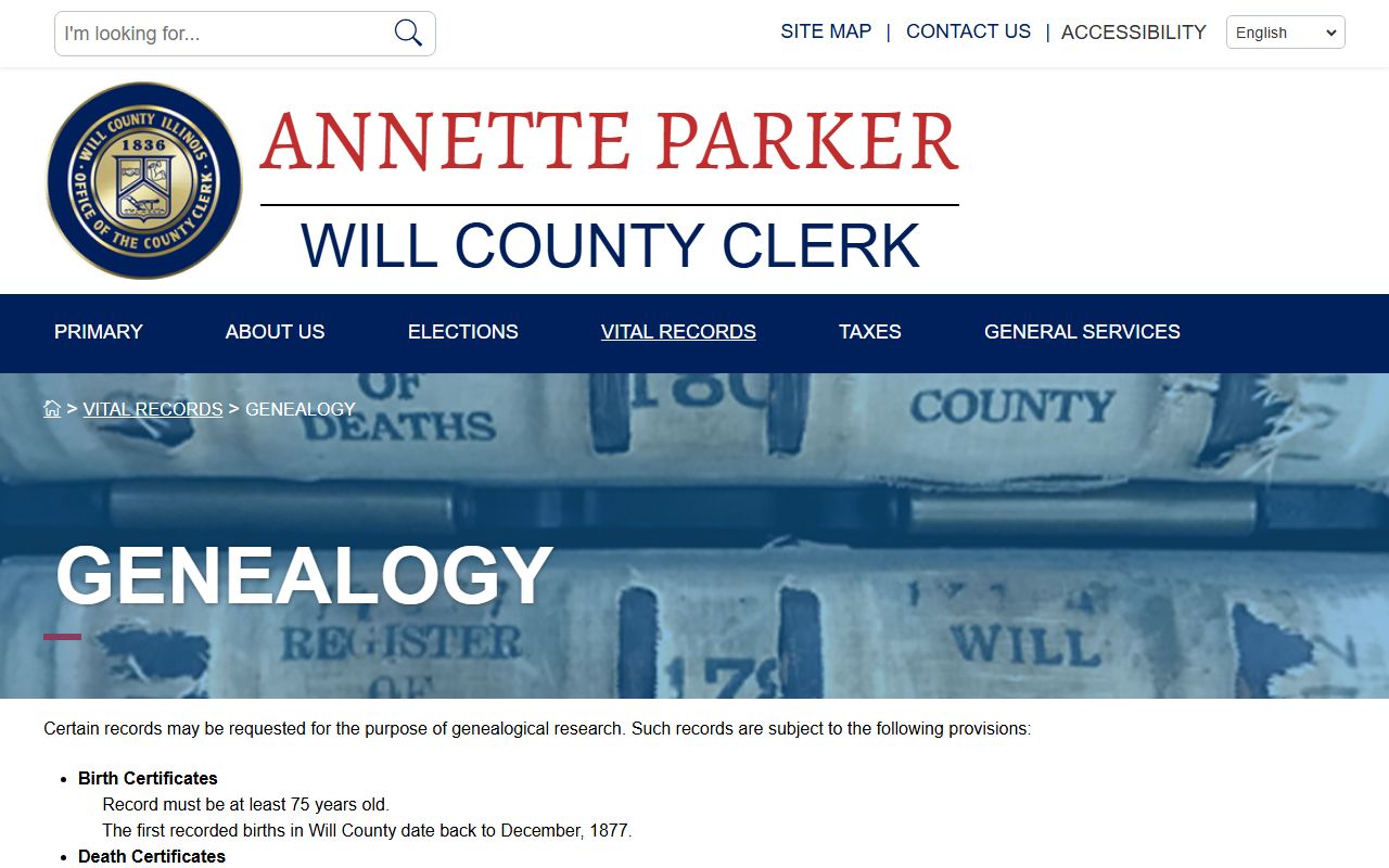 Will County genealogy research page for vital records