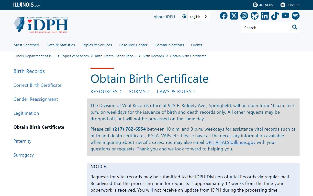 Illinois birth certificate ordering page for genealogy research