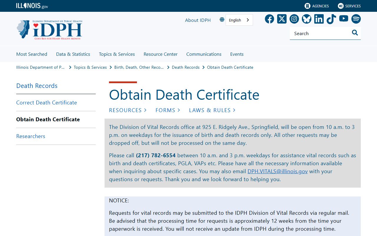 Illinois death certificate ordering page for genealogy records