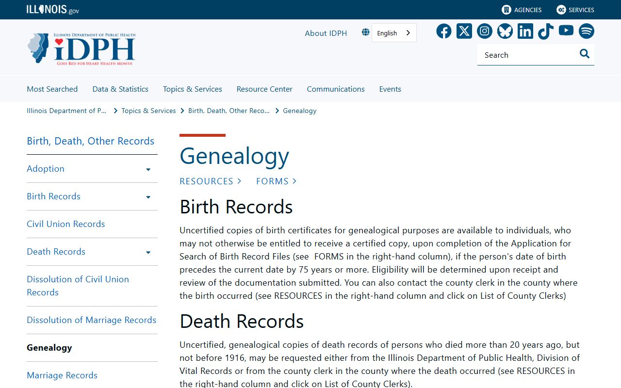 Illinois IDPH genealogy page showing record ordering details