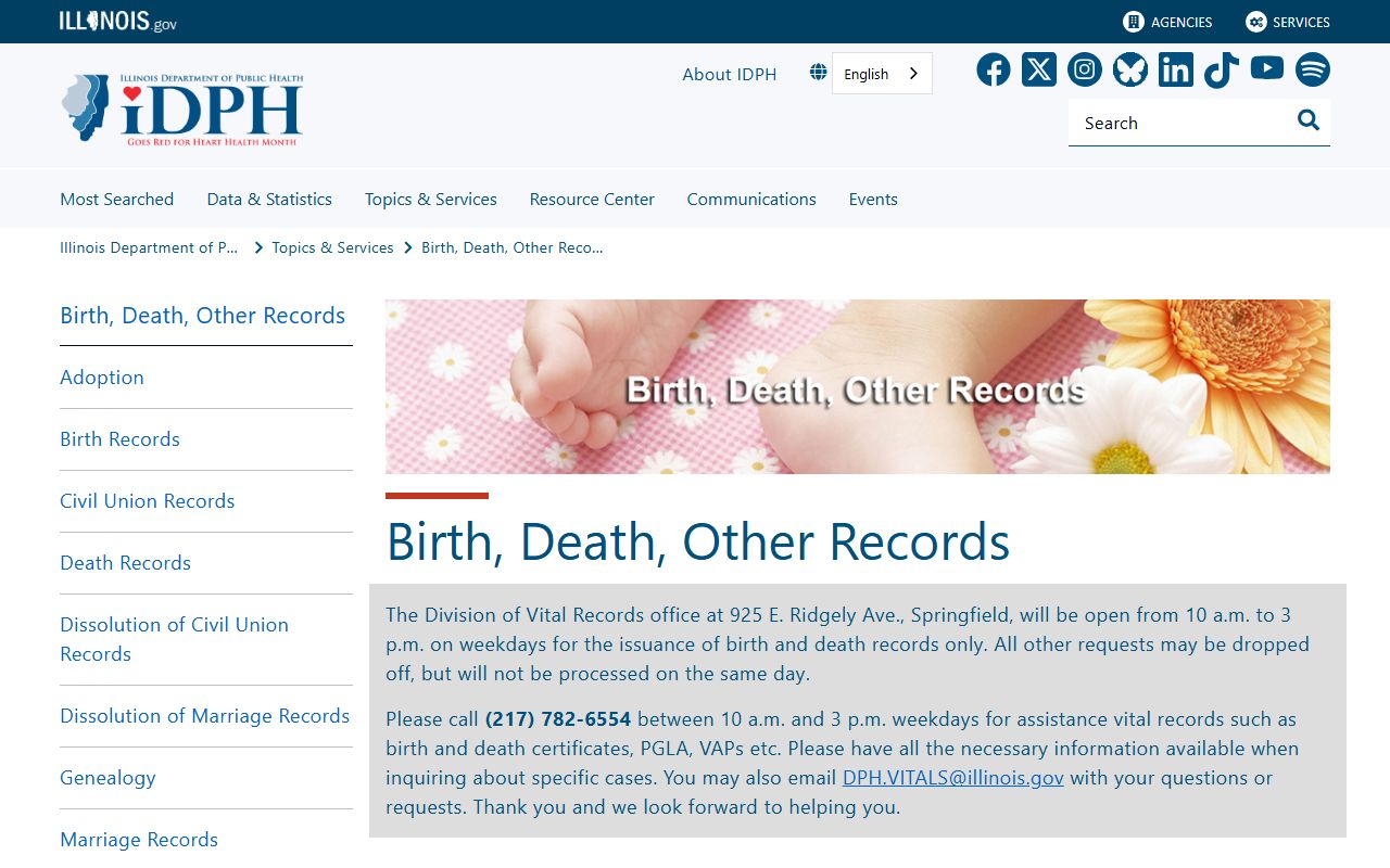 Illinois IDPH Vital Records main page for genealogy records
