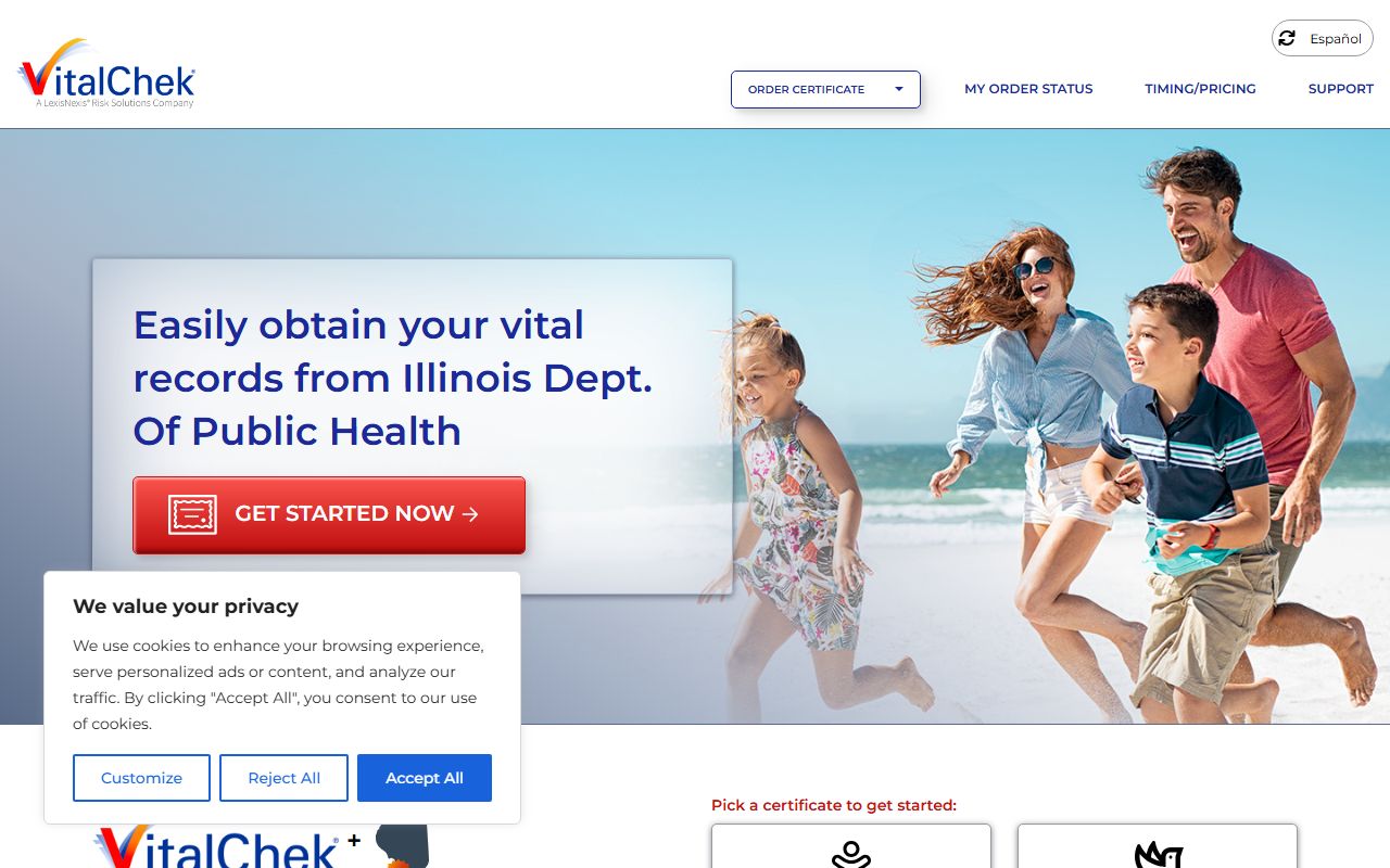VitalChek Illinois ordering page for vital records